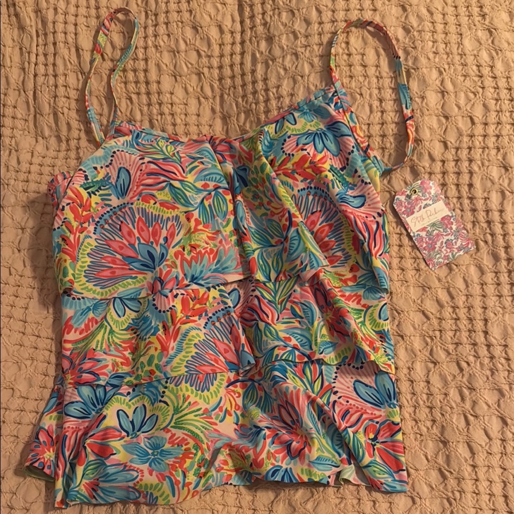 Stella Parker Collection Blue and Pink Tankini Top with Tropical Print